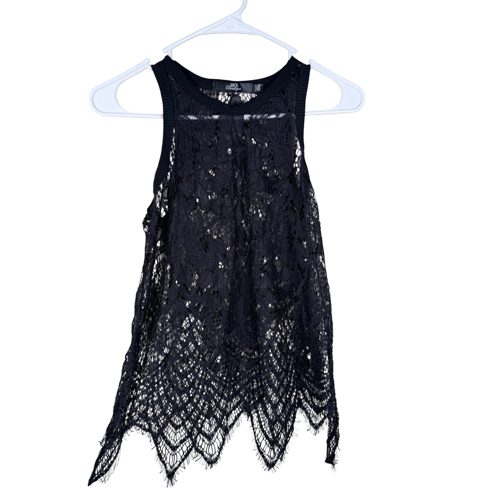 Black Floral Lace Sleeveless Top Sheer Eyelash Hem S witchy Goth Romantic whimsy